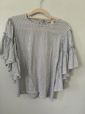 Pilcro Blue and White Striped Tiered Ruffle Sleeve Top